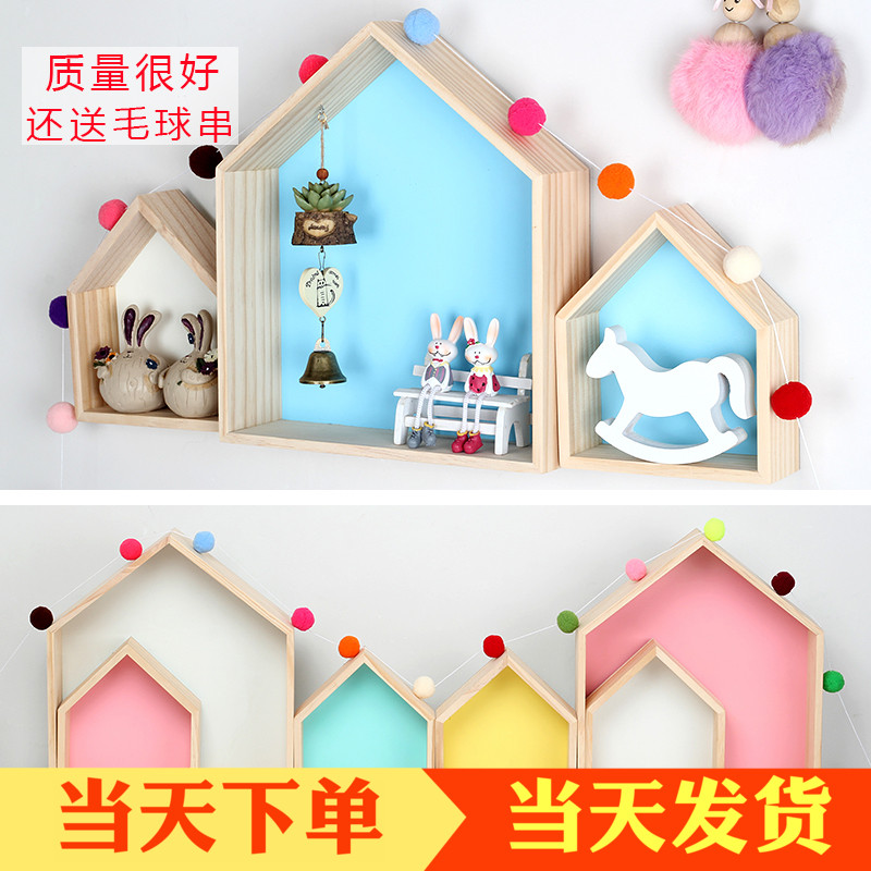 Nordic ins style wooden small house wall shelf Children's room wall decoration Wooden home storage