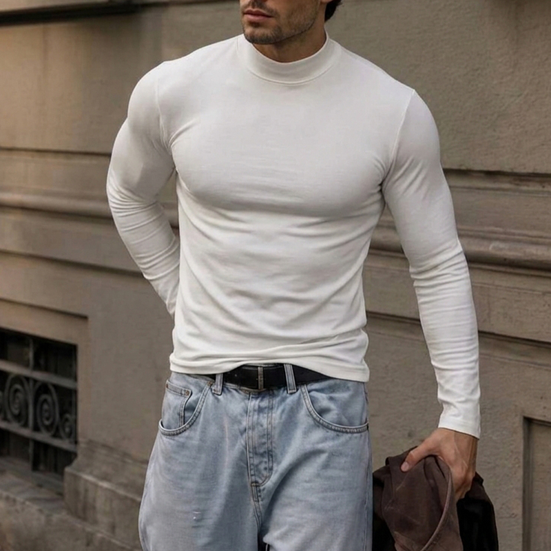 American-Style Half-High Collar, Waist-Cinching, Long-Sleeved T-Shirt with Regular Shoulders That Accentuates Muscles, Stretchy Base Layer Shirt G02, Slim-Fit Fitness Top for Layering