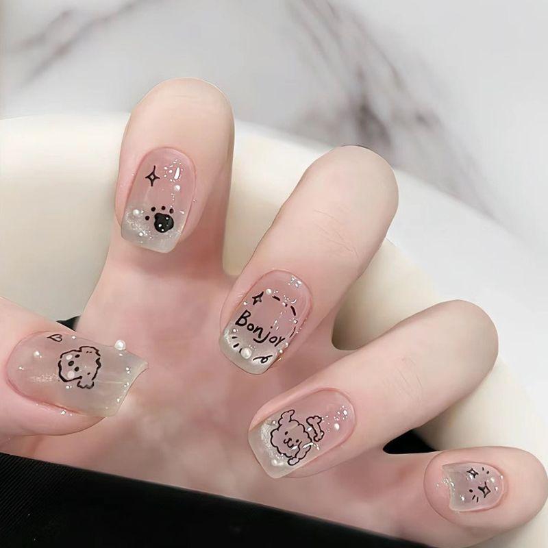 Purely Handmade Wearable Nails 2026 New Year Style Line Pearl Cat Eye Short Children's Fake Nail Patches Year of the Horse Nail Art