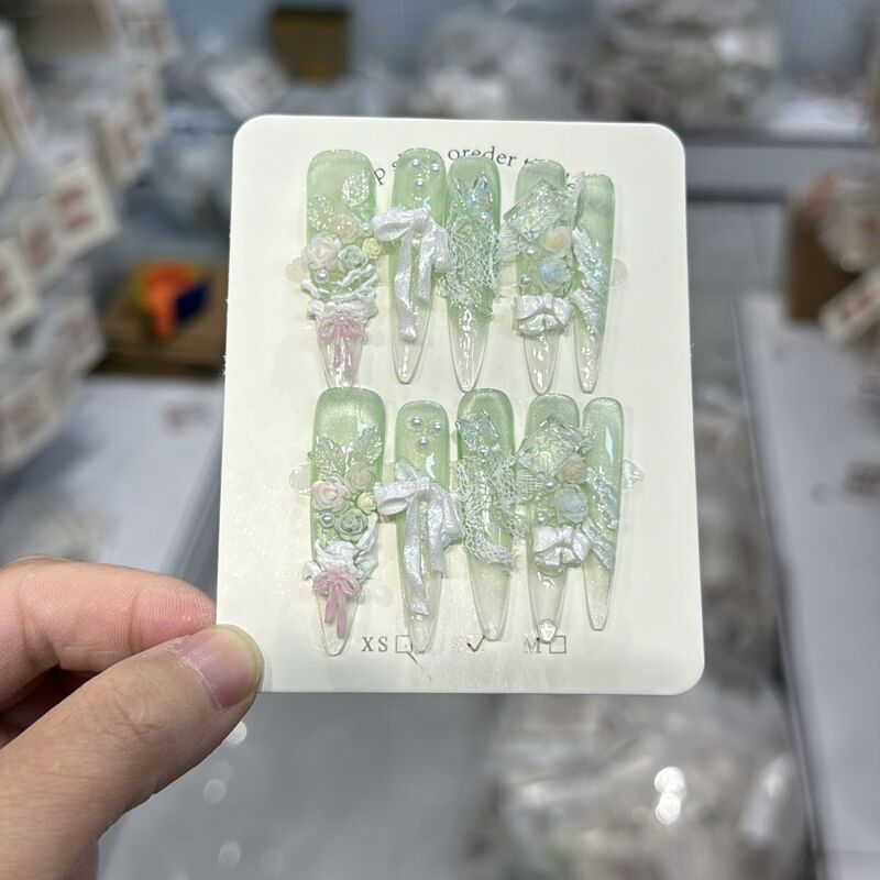 Handmade Children's Nail Art Wearable Nails 2026 New Mint Green Rose Medium-Length Fake Nail Stickers for Students and Girls Handmade Children's Nail Art Wearable Nails 2026 New Mint Green Rose Medium-Length Fake Nail Stickers for Students and Girls