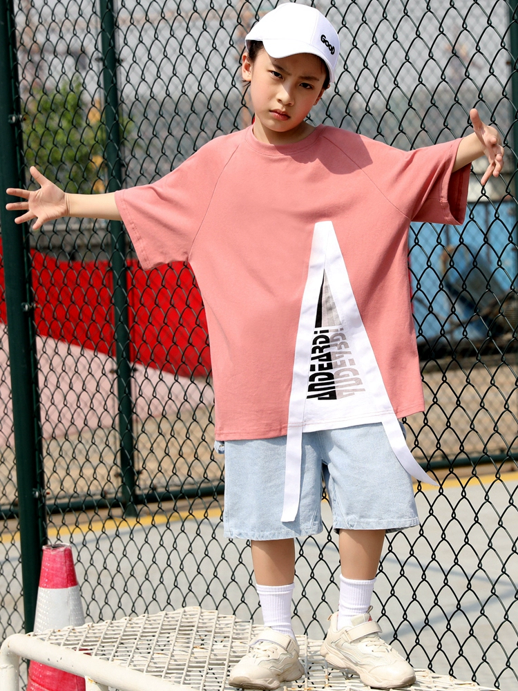 Trẻ em hiphop phù hợp với bé trai quần áo hip-hop thủy triều mùa hè lỏng lẻo Hàn Quốc nửa tay trang phục áo phông hip-hop trẻ em - Trang phục
