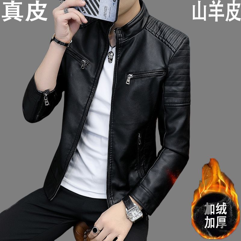 Spring, Summer, Autumn and Winter New Style Sheepskin Jacket for Men, Casual, Handsome, High-End Stand-Up Collar Soft Leather Motorcycle Leather Jacket