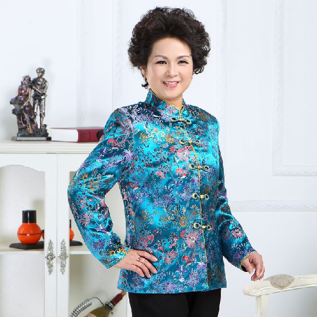 Trung và già mùa xuân và mùa thu Tang phù hợp với áo khoác dài tay mẹ tải satin lỏng giản dị của phụ nữ thêu đứng cổ áo sơ mi cỡ lớn đầm suông tuổi trung niên