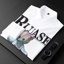 High end shirt light and luxurious small bear printed bronzed and dammed silk sliding mens long sleeve Han version sashimi casual half sleeve