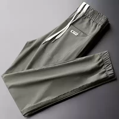 Cool and breathable trend line embroidered casual pants men's summer light ice silk small feet nine-point pants straight tube tie feet