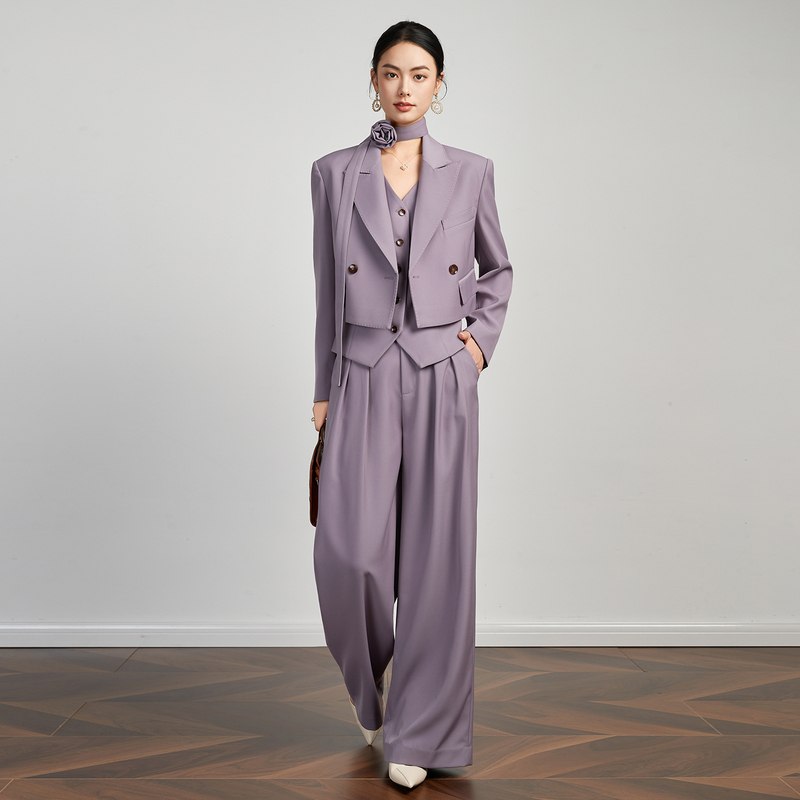 Autumn New Fashion Light Purple Short Blazer Vest Wide-Leg Pants Suit Elegant Slim High-End Fashion Suit Autumn New Fashion Light Purple Short Blazer Vest Wide-Leg Pants Suit Elegant Slim High-End Fashion Suit