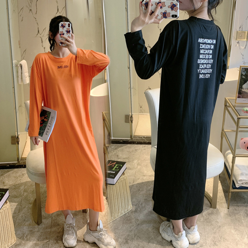 Autumn Korea ins New Long-Sleeved T-Shirt Dress for Women, Extra-Long Version, Over-The-Knee Long Skirt, Loose Plus-Size Dress for Tall People