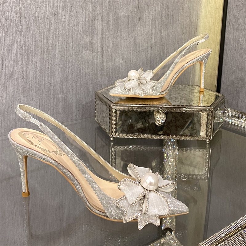 Silver Water drill New sandals High heels Shoes Women Transparent Crystal Wedding Shoes Fairy Princess leather Baotou Cool Drag Single Shoe
