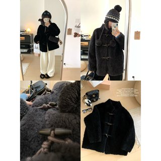 XFYSTYLE_牛角扣羊羔毛外套女冬保暖立领中长款显瘦环保皮草大衣