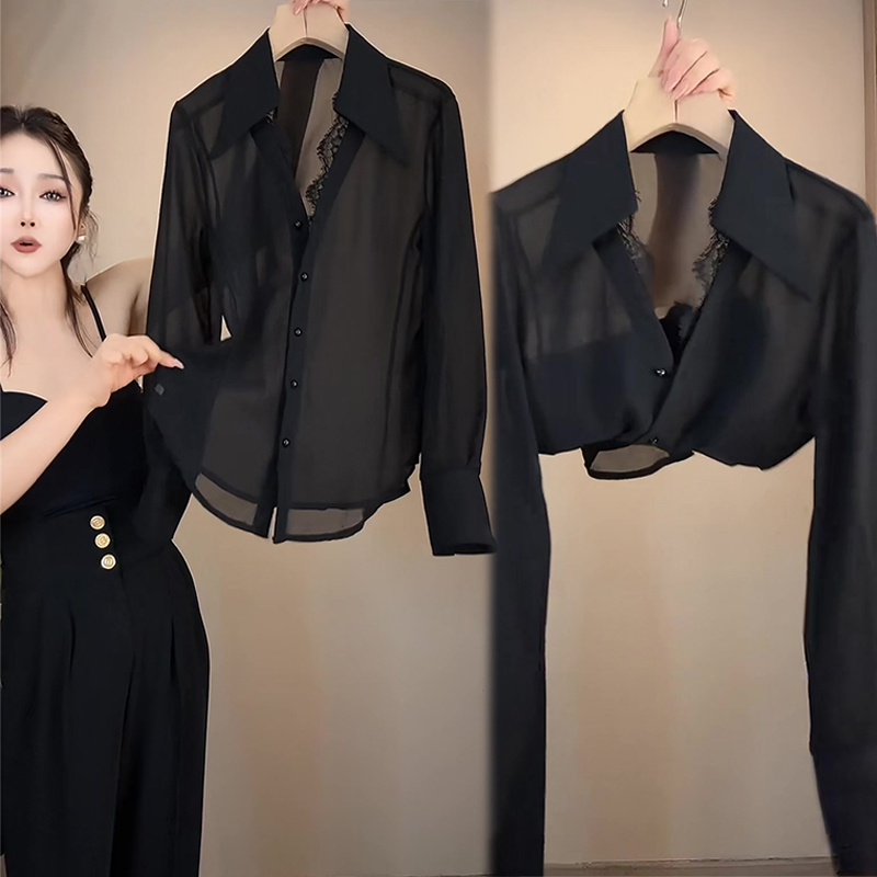ранней осенью 2024 года новая модная шифоновая рубашка с женственной кружевной строчкой, тонкая и облегающая фигуру, черная рубашка с длинными рукавами в тренде