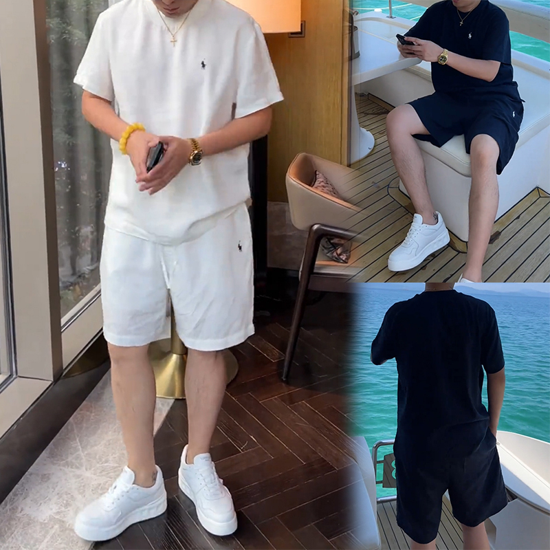 Summer Men's Solid Color Embroidered Casual Suit Trendy Brand Couple Versatile Short-Sleeve Shorts Internet Celebrity Style Fashion Two-Piece Set