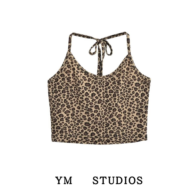  American Blogger Style Leopard Print Halter Neck Tie-Up Tank Top Sexy Short Camisole