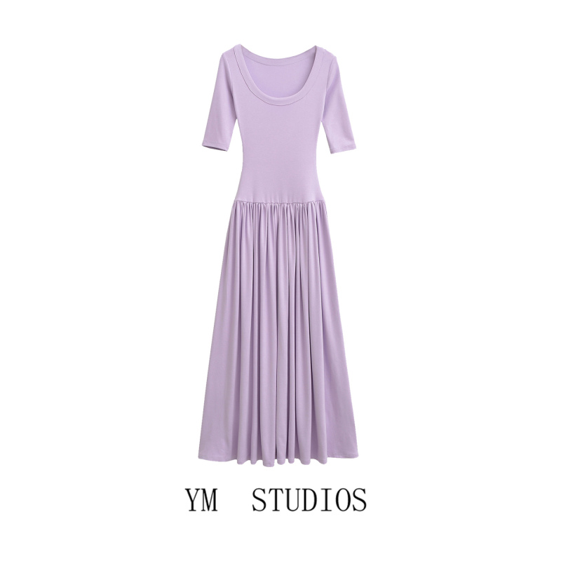  Pure Lust Style Deep U-Neck Mid-Sleeve Purple Dress for Women in Summer with Gentle Style and Figure-Showing Long Skirt