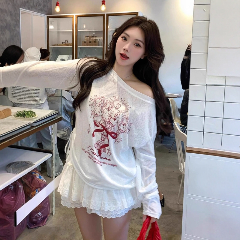 White Graffiti Print Off-Shoulder Asymmetrical Neck Long-Sleeve T-Shirt for Women, Summer Loose and Lazy Style, Sun-Protective Thin Top