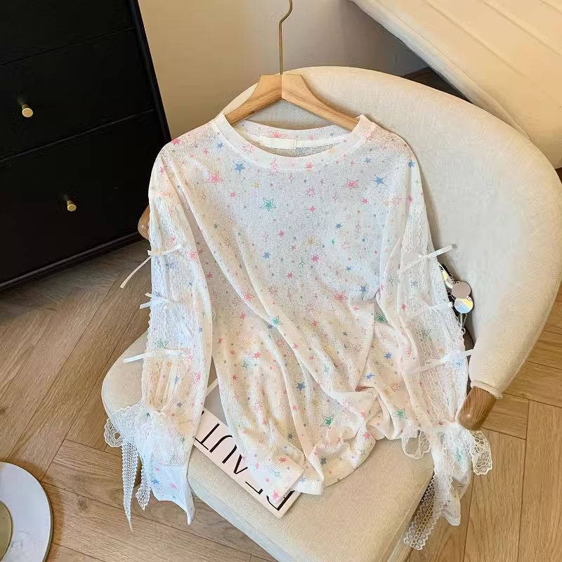 White Bow Lace Patchwork Long-Sleeve Sun Protection T-Shirt for Women, Summer Thin Loose Air-Conditioning Cover-Up, Slightly Sheer Top