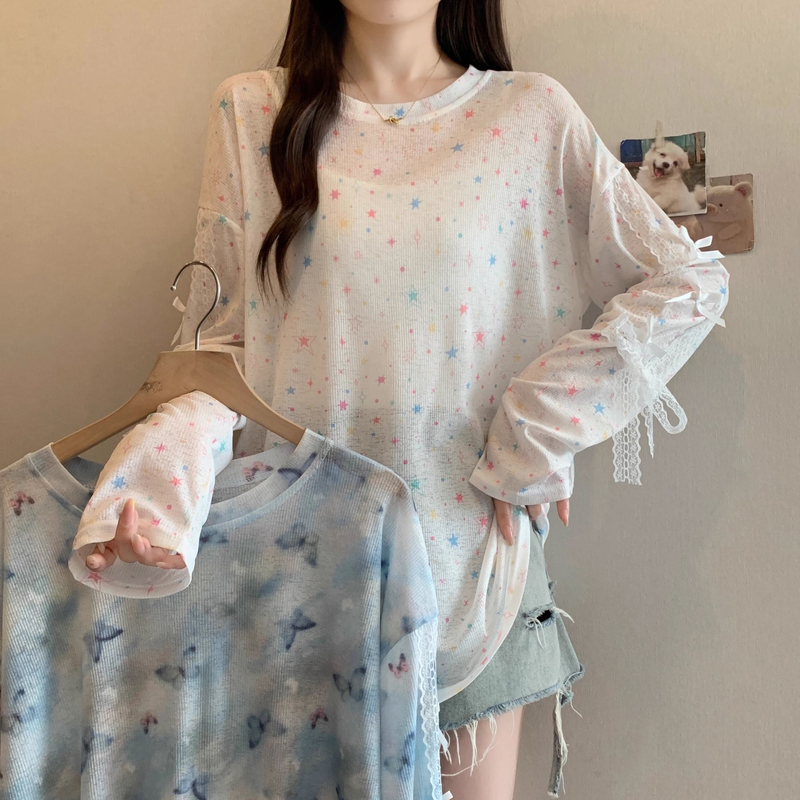 Dopamine Star Lace Bow Long Sleeve T-Shirt for Women, Summer Thin Sunscreen Cover-Up, Loose Slimming Top ins