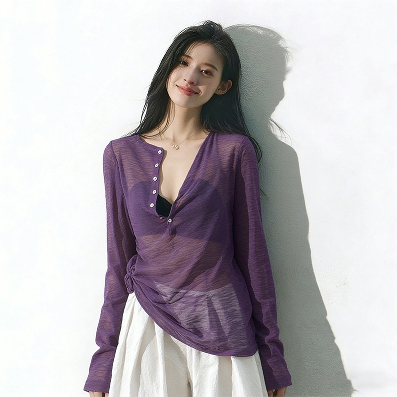 Relaxed and Elegant Purple Half-Open Collar Sun-Protective Long-Sleeve T-Shirt for Women, Thin and Breathable Summer Outerwear Blouse, Trendy Relaxed and Elegant Purple Half-Open Collar Sun-Protective Long-Sleeve T-Shirt for Women, Thin and Breathable Summer Outerwear Blouse, Trendy