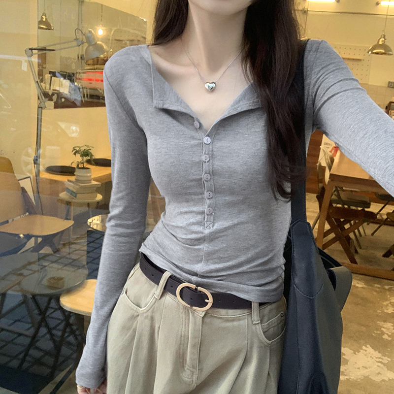 Gray Half-Open Collar Long-Sleeve T-Shirt for Women, Spring 2026 New Korean Style Slim Fit Base Layer Top with Regular Shoulders