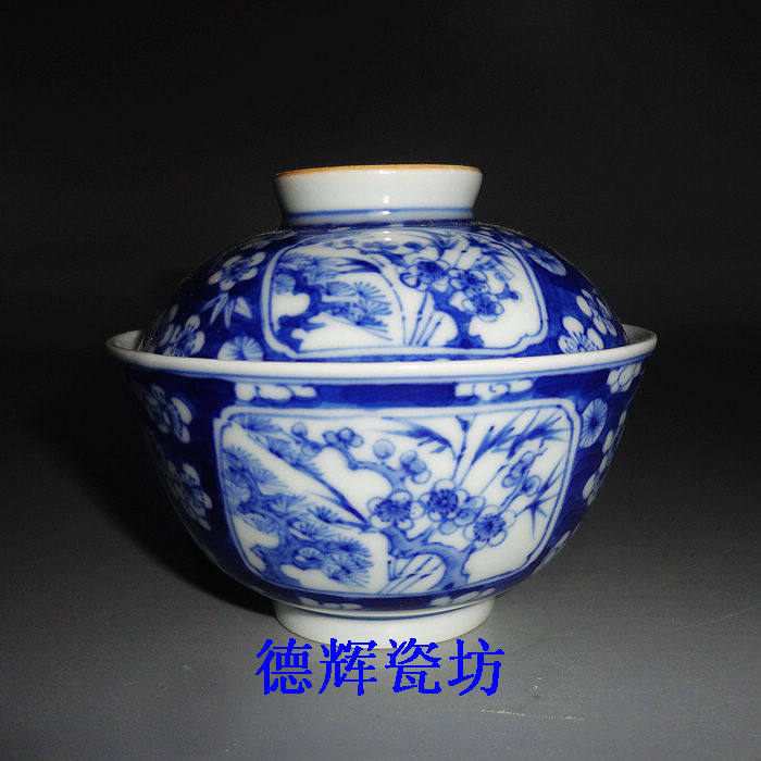 Jingdezhen Cultural Revolution factory goods porcelain early handmade blue and white hand-painted year-old cold Sanyou Gaiwan cold kiln boutique