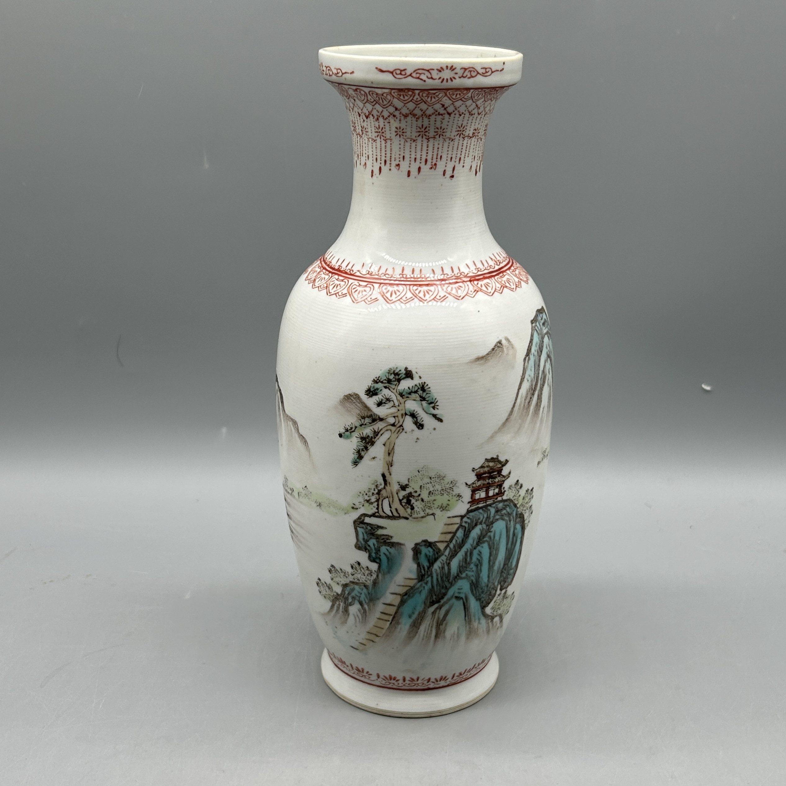 景德镇567老厂货瓷器70年代艺术粉彩手绘山水花蓝瓶红料边六字款-淘宝