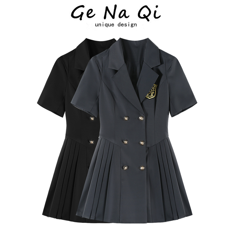 Genaqi2023 New Style Petite Preppy Suit Dress for Women, Summer Chic Waist-Cinching Slimming Pleated Skirt