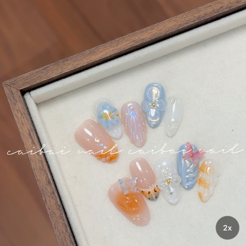 【Summer Island Elf】French-Style Three-Dimensional Ice Flower Press-On Nails, Trendy New Year Style, High-End, Niche, and Complexion-Enhancing
