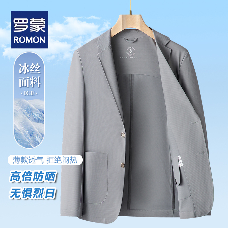 Romon Sun-Protective Ice Silk Suit for Men, Light Business Casual Blazer, Lightweight Stretch Single-Breasted Jacket, Summer Single-Breasted Suit
