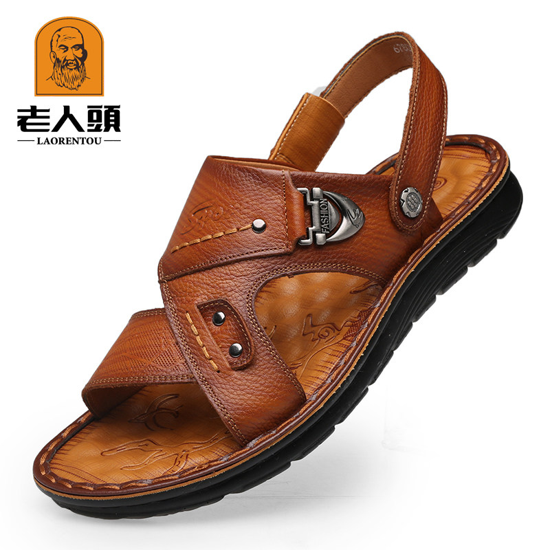 老人头沙滩鞋男2018夏季新品皮凉鞋真皮软底休闲凉拖鞋防滑男鞋子