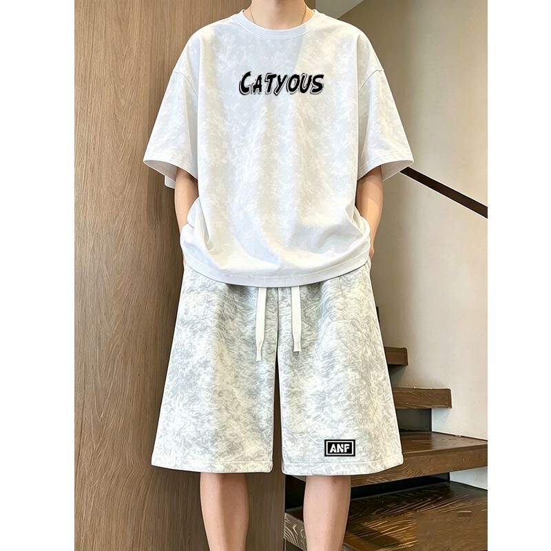 2026 Summer New Casual Sports Suit Set Short-Sleeved Round Neck Loose Trendy Men's Shorts Tie-Dye Two-Piece Set
