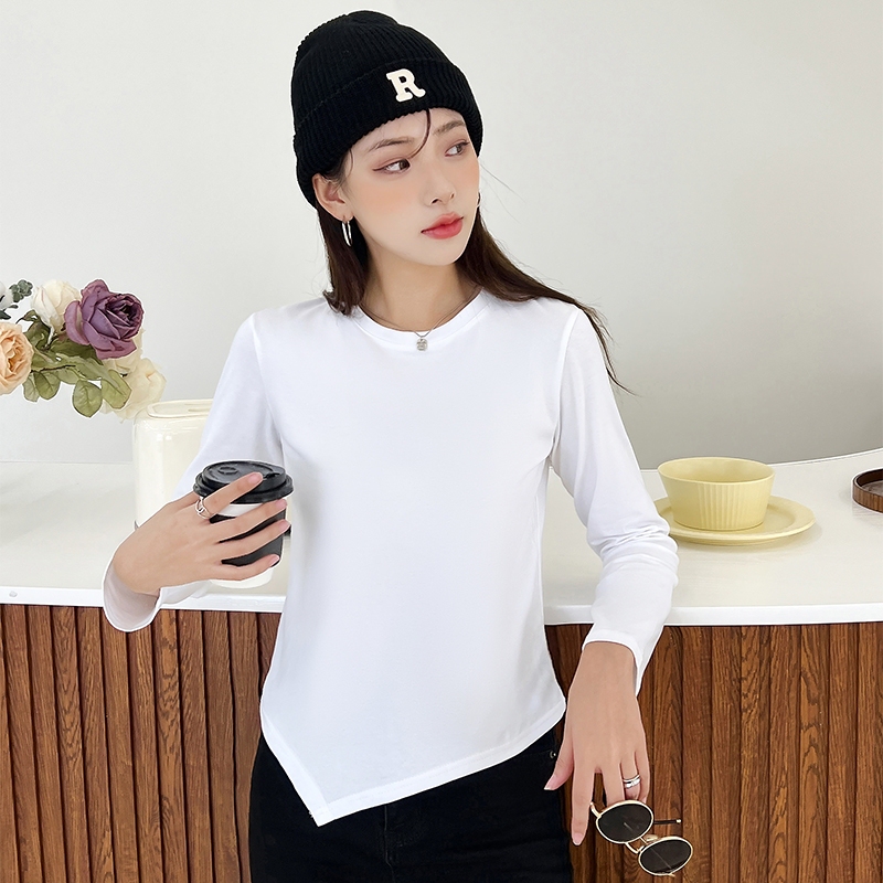 Cotton Core Women's Irregular T-Shirt, Pure Cotton Inverted Triangle Hem, Korean Style Round Neck Long-Sleeve Base Shirt, Inner Layer Top