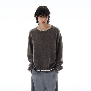 American retro hand-stitched lazy style sweater for men 2025 spring and autumn new high-end round neck sweater couple trend American retro hand-stitched lazy style sweater for men 2025 spring and autumn new high-end round neck sweater couple trend