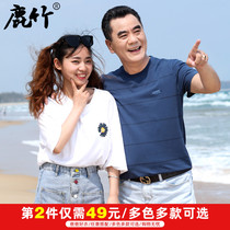 Summer middle-aged Dad clothes 100% pure cotton t-shirt short sleeve mens casual striped round collar blouses for old age
