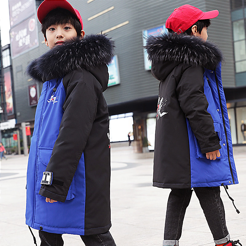 Boys' down jacket medium and long version thickened Klein blue special children's suit children's Korean version of the Western style boy
