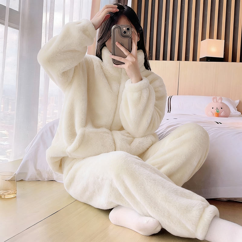2025 Winter New Coral Fleece Pajamas for Women, Thickened with Extra Fleece, Solid Color, Simple Flannel Zipper Loungewear Set 2025 Winter New Coral Fleece Pajamas for Women, Thickened with Extra Fleece, Solid Color, Simple Flannel Zipper Loungewear Set