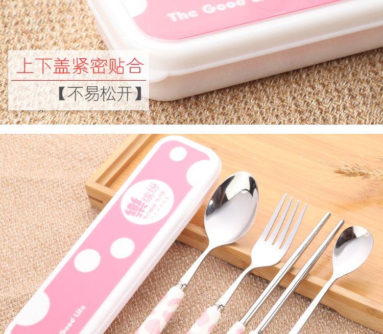 Sáng tạo inox cầm tay bộ đồ ăn ba mảnh đũa sinh viên dễ thương hộp dài tay cầm thìa đặt trẻ em đĩa dùng 1 lần