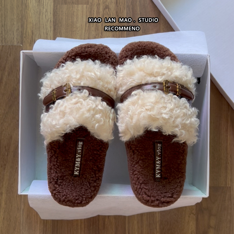 Furry Thick-Soled One-Word Furry Slippers for Women's Outer Wear 2025 Autumn and Winter New Style Retro Comfortable Belt Buckle Cotton Slippers