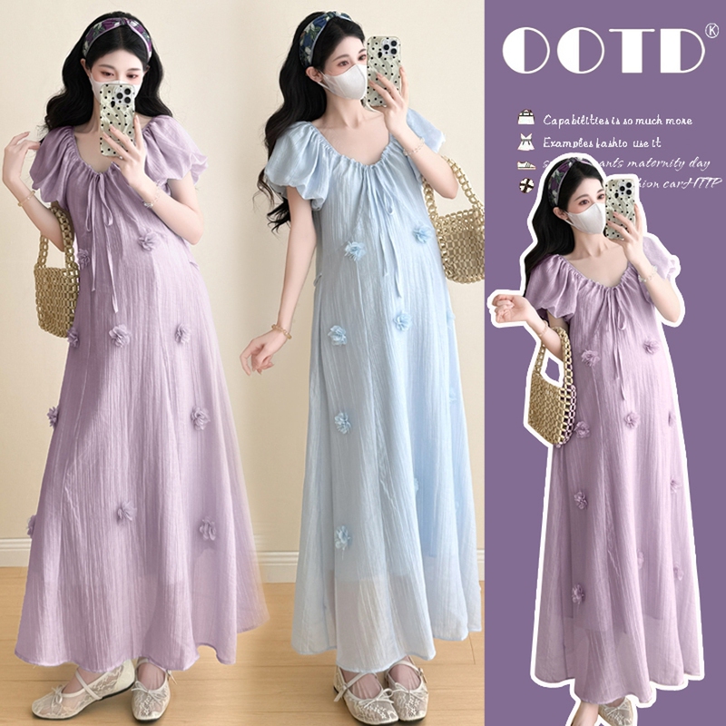 Maternity Dress 2026 New Style for Pregnant Women, High-End French Style Loose V-Neck Chiffon Long Dress, Summer Maternity Dress