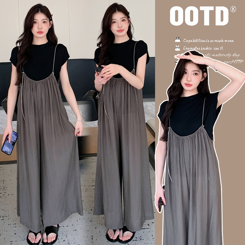 Maternity Wear Summer Suit 2026 New Fashion High-End Pregnant Mother Outfit Wide-Leg Overalls Summer Thin Two-Piece Set
