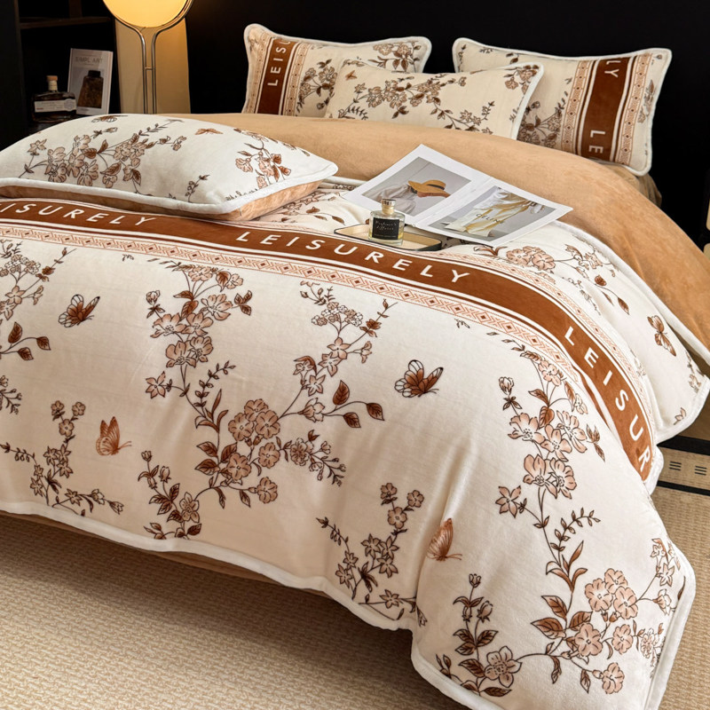 Class a Maternal and Infant Grade Milk Velvet Printed Four-Piece Set, Anti-Static, Double-Sided Fleece, High-Quality Warm Bed Sheet and Duvet Cover