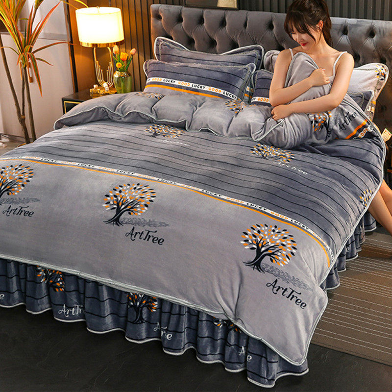 Coral Velvet Four-Piece Set, Winter Thickened Milk Velvet Bed Skirt, Double-Sided Fleece, French Flannel Bed Cover, Bed Sheet