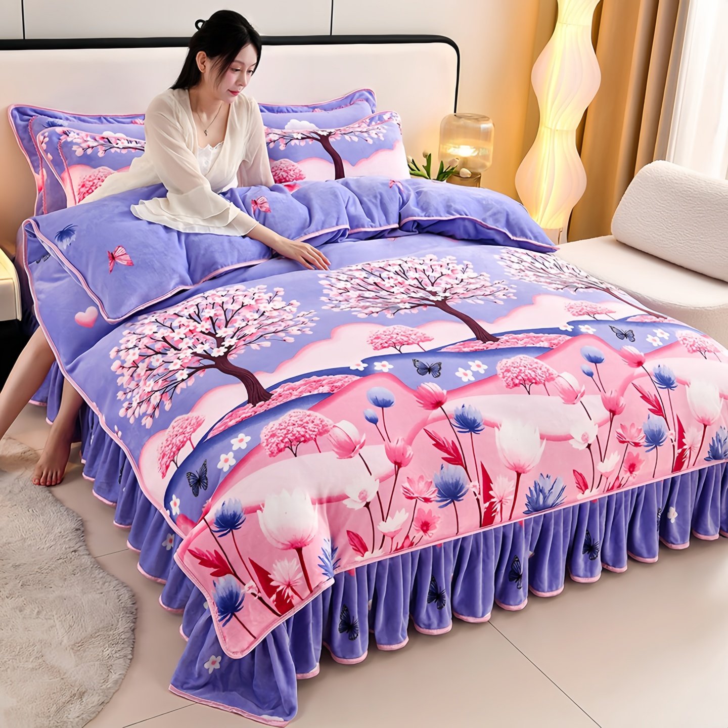 2025 New Milk Velvet Four-Piece Set Winter Thickened Printed Coral Velvet Bedding Double-Sided Velvet Duvet Cover Bed Skirt