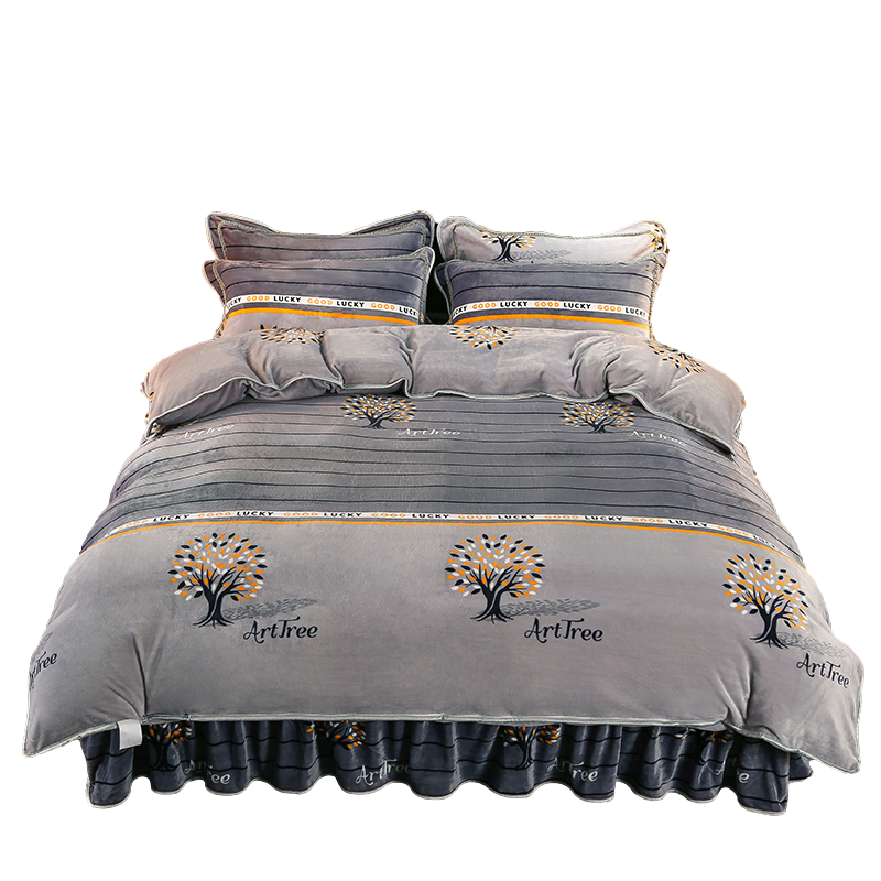 Coral Velvet Four-Piece Set, Winter Thickened Milk Velvet Bed Skirt, Double-Sided Fleece, French Flannel Bed Cover, Bed Sheet