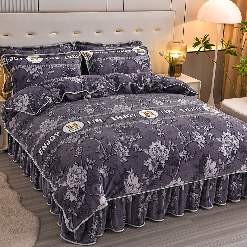 Winter Thickened Milk Velvet Four-Piece Set Double-Sided Fleece Coral Fleece Bed Sheet Duvet Cover Bed Skirt Anti-Static Bedding