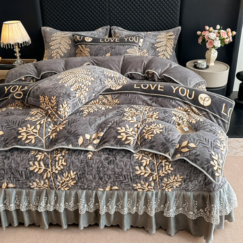 Winter Milk Velvet Four-Piece Set with Fleece and Cotton Padding, Thickened Anti-Static Coral Fleece Duvet Cover and Bed Sheet for Bed Use