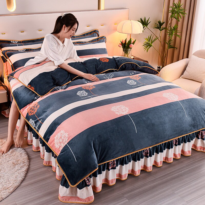 Coral Velvet Four-Piece Set, Winter Thickened Milk Velvet Bed Skirt, Double-Sided Fleece, French Flannel Bed Cover, Bed Sheet