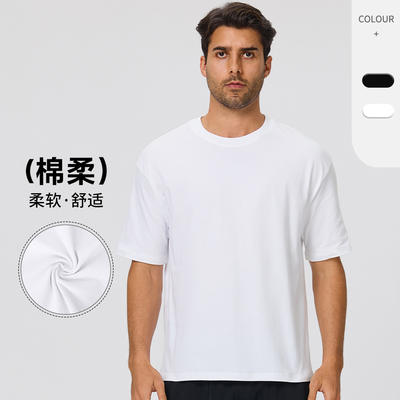 lulu Men's summer pure cotton T-shirt, loose, casual and sporty short-sleeved, natural cotton fiber fitness outdoor running top