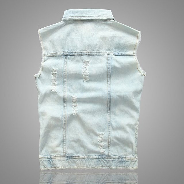 ພາກຮຽນ spring, summer ແລະດູໃບໄມ້ລົ່ນ trendy men's vest denim clip vest ຄົນອັບເດດ: slim ແບບເກົາຫຼີ ripped sleeveless waistcoat top jacket