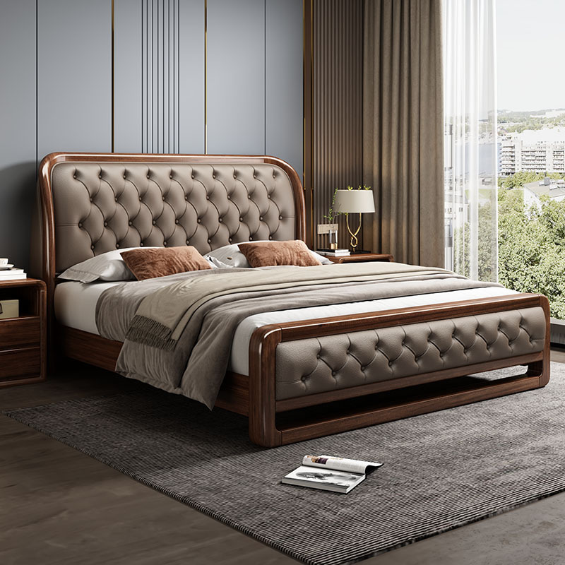 Walnut Solid Wood Bed, Double Bed, High-End Master Bedroom Wedding Bed, 2X 2.2m Large Bed, High Box Storage, Leather Upholstered Bed