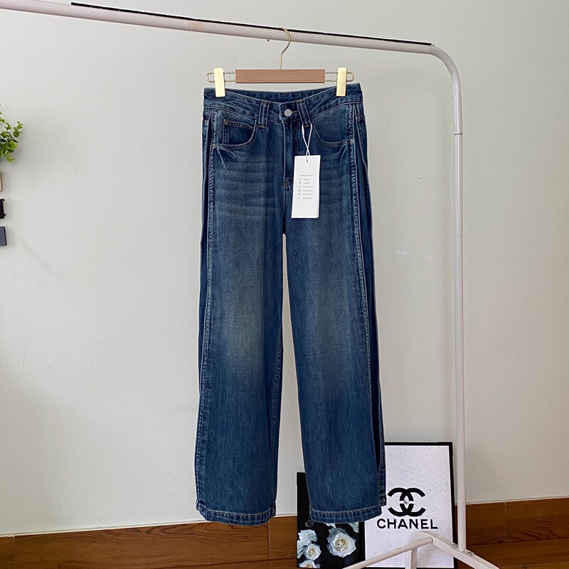 Adjustable Snap Buttons at the Cuffs! American-Style Loose Double-Seam Wide-Leg Jeans for Women, High-Waisted, Slimming, Drapey Scimitar Pants