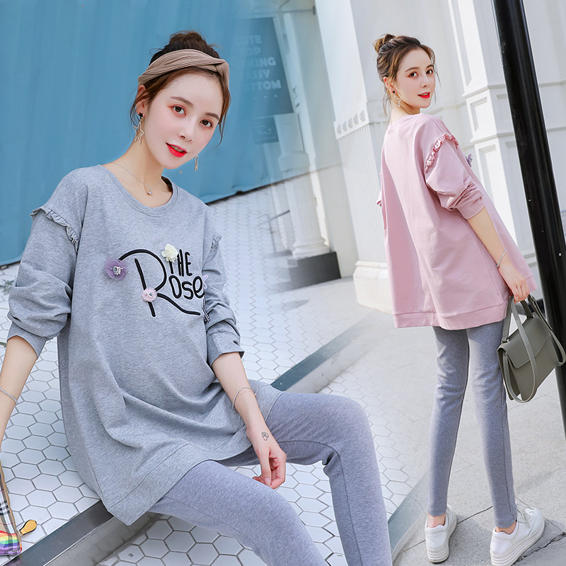 Pregnant women's autumn clothes suit stylish style 2022 new gestational woman dress T-shirt with long version loose blouse for autumn two sets